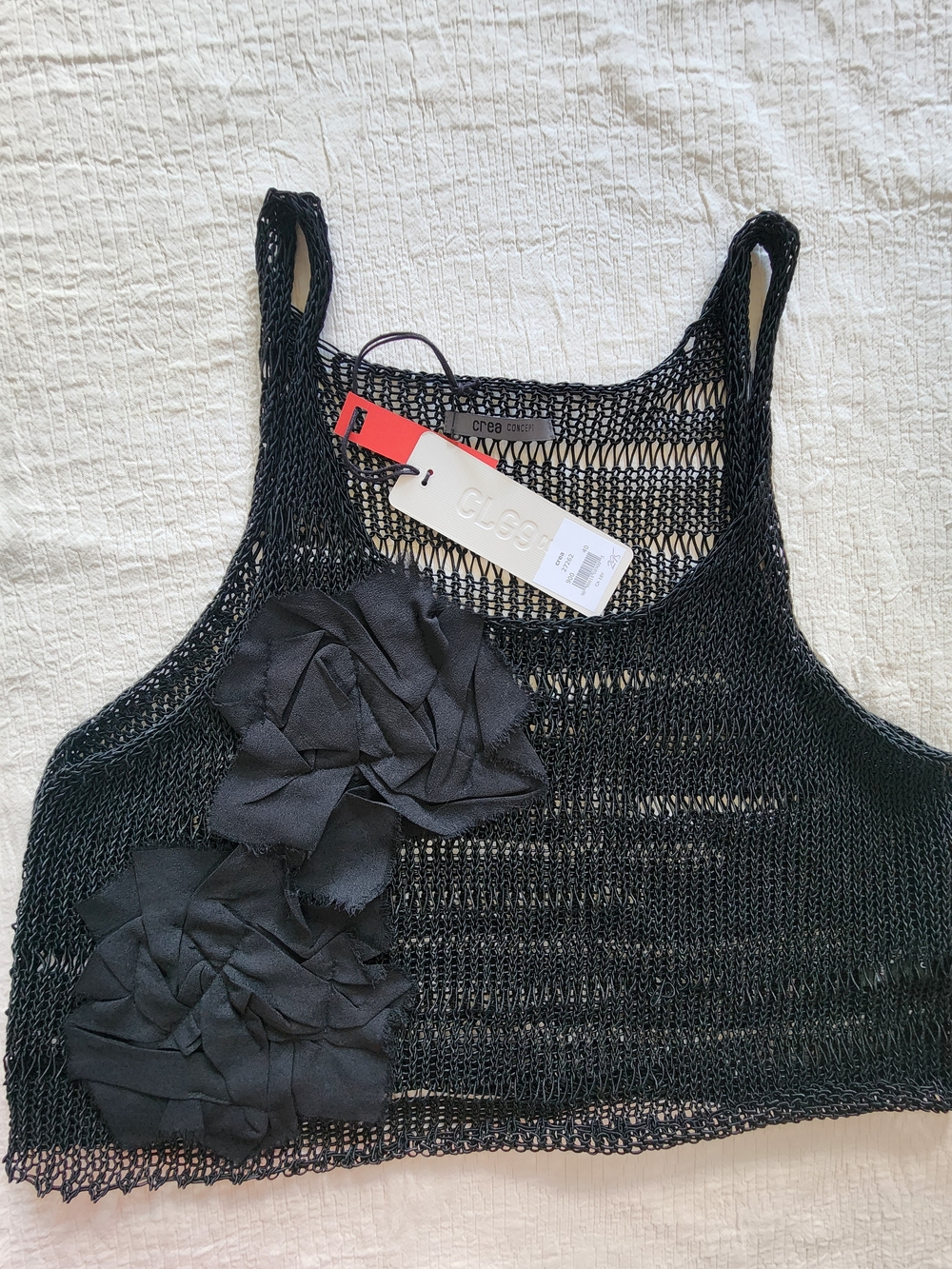 NWT Crea Concept Black Crochet Mesh Crop Top with 3D Floral Appliqué Description